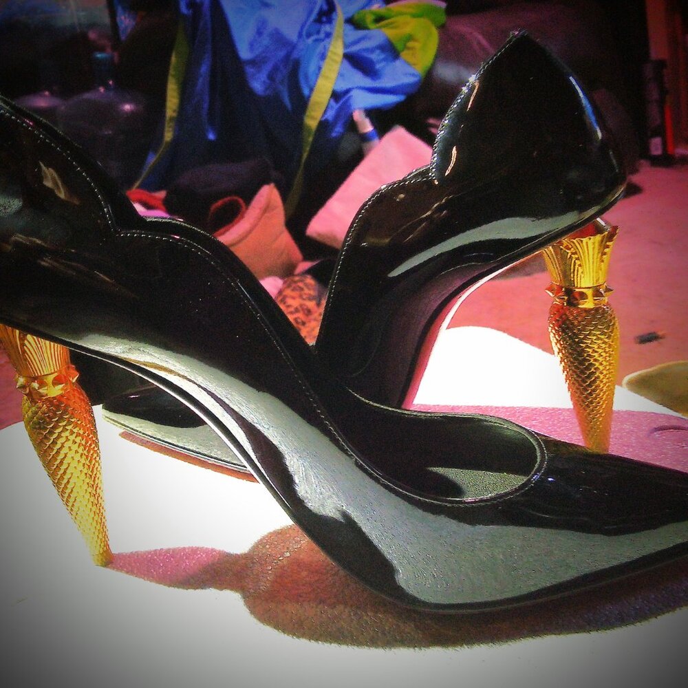 Christian Louboutin Red Bottoms with Gold Heel Black Patent Leather